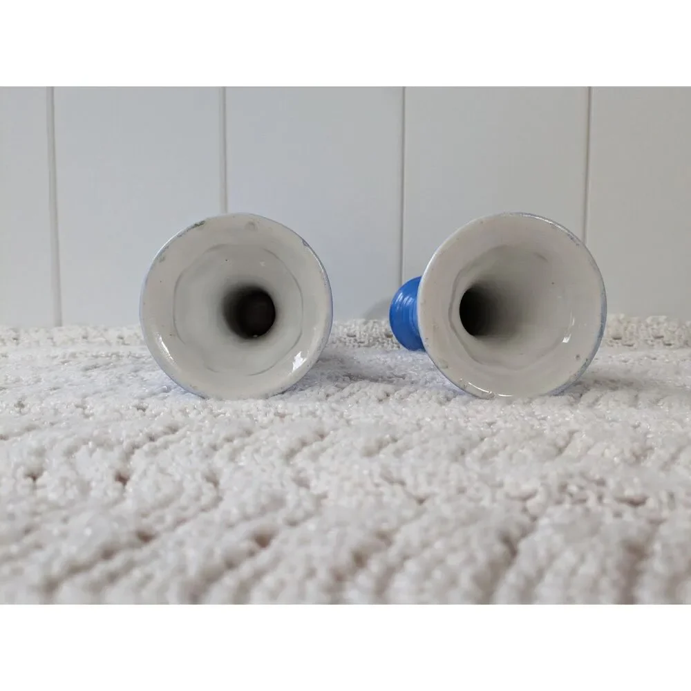 2 Pcs Porcelain Candlestick Holders - Blue with Japanese Garden Scene